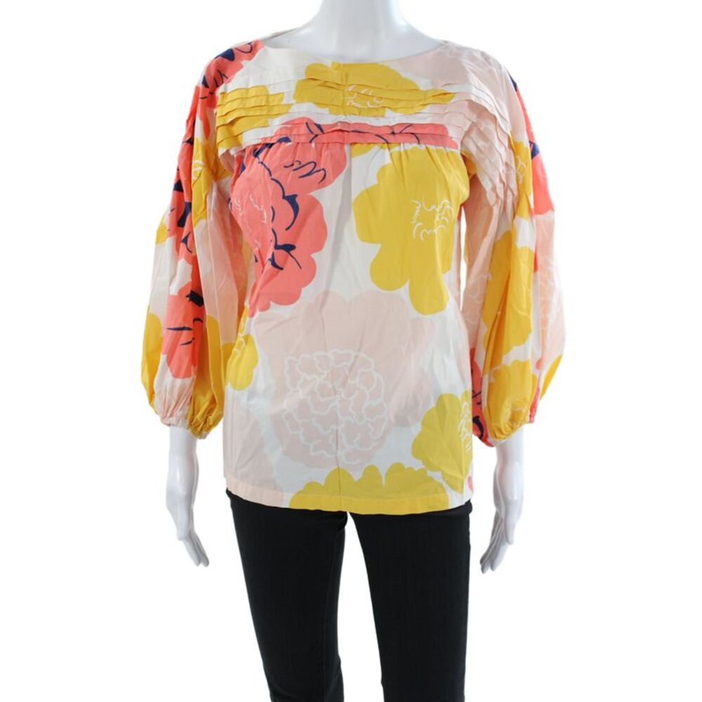 Marimekko Women Babydoll Floral Cotton Boat Neck Long Sleeve Blouse Size M